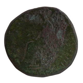 Sestertius of Antoninus Pius (86–161; Roman emperor 138–161). Obverse: head of Antoninus Pius in a