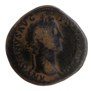 Sestertius of Antoninus Pius (86–161; Roman emperor 138–161). Obverse: head of the emperor in a