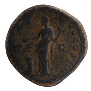 Sestertius of Antoninus Pius (86–161; Roman emperor 138–161), circa 152–153. Obverse: head of the