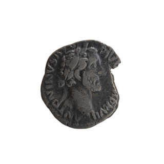 Denarius of Antoninus Pius (86–161; Roman emperor 138–161). Obverse: Head of the emperor in a