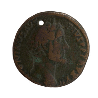 Sestertius (with a hole), Antoninus Pius (86–161; Roman Emperor 138–161), issuer. Obverse: Head of