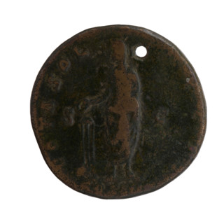 Sestertius (with a hole), Antoninus Pius (86–161; Roman Emperor 138–161), issuer. Obverse: Head of