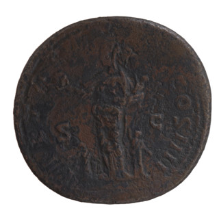 Sestertius of Antoninus Pius (86–161; Roman emperor 138–161). Obverse: head of the emperor in a