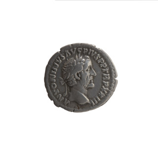 Denarius of Antoninus Pius (ruled 138–161). Obverse: head of the emperor in a laurel wreath facing