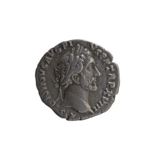 Denarius of Antoninus Pius (86–161; Roman emperor 138–161). Obverse: Head of Antoninus Pius in a