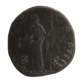 Sestertius of Antoninus Pius (86–161; Roman emperor 138–161). Obverse: head of the emperor in a