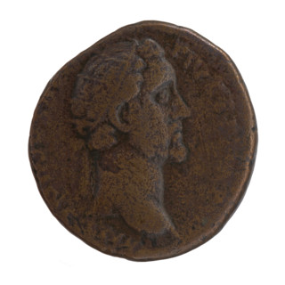 Dupondius of Antoninus Pius (86–161; Roman emperor 138–161). Obverse: Head of Antoninus Pius in