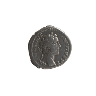 Denarius of Antoninus Pius (86–161; Roman emperor 138–161). Obverse: Head of Antoninus Pius with a
