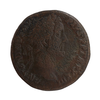 Sestertius of Antoninus Pius (86–161; Roman emperor 138–161). Obverse: head of the emperor in a