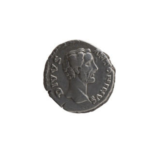 Denarius, after 161 CE. Obverse: Head of Antoninus Pius without a covering facing right,