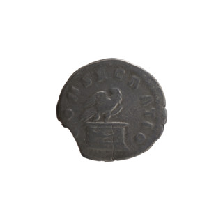 Denarius, after 161 CE. Obverse: Head of Antoninus Pius without a covering facing right,