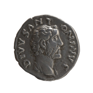 Denarius, after 161 CE. Obverse: Head of Antoninus Pius without a covering, with drapery on the