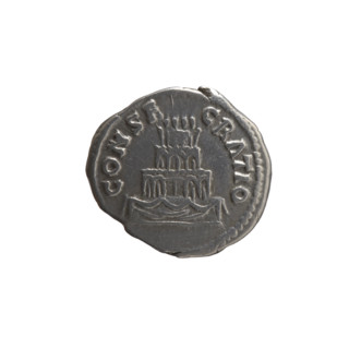 Denarius, after 161 CE. Obverse: head of Antoninus Pius without a covering, with drapery on the