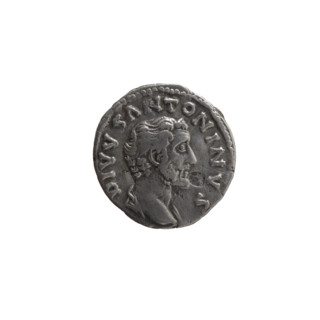 Denarius, after 161 CE. Obverse: Head of Antoninus Pius without a covering, with drapery on the
