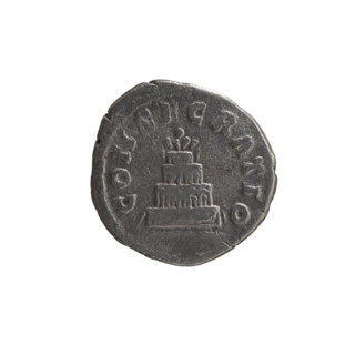 Denarius, after 161 CE. Obverse: Head of Antoninus Pius without a covering facing right,