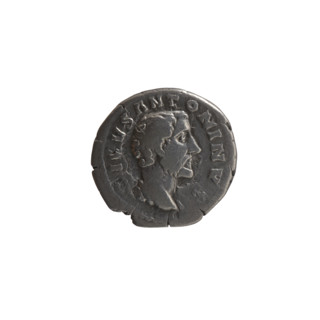 Denarius, after 161 CE. Obverse: Head of Antoninus Pius draped on left shoulder, bare-headed,