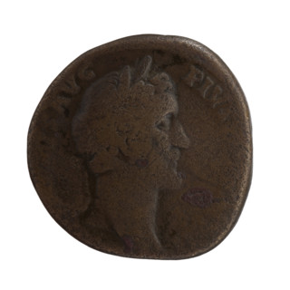 Sestertius of Antoninus Pius (86–161; Roman emperor 138–161). Obverse: head of the emperor in a