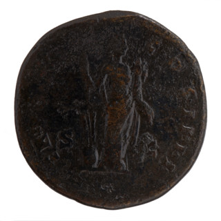 Sestertius of Antoninus Pius (86–161; Roman emperor 138–161). Obverse: Head of Antoninus Pius in a