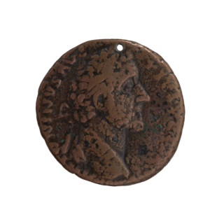 Antoninus Pius (86–161; Roman emperor 138–161), as (with a hole). Obverse: Head of Antoninus Pius