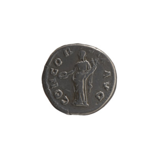 Denarius of Antoninus Pius (86–161; Roman emperor 138–161). Obverse: Bust of Faustina I in drapery