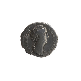 Denarius, after 141; Roman Empire (27 BC–476). Obverse: Bust of Faustina I in drapery facing right,