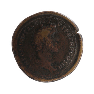 Sestertius, ca. 140–144. Obverse: Bust of Antoninus Pius in cloak (paludamentum) with laurel