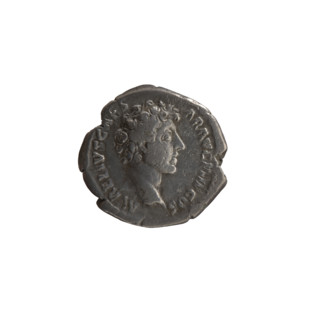 Denarius of Marcus Aurelius (121–180; Roman emperor 161–180), ca. 140–144. Obverse: Head of young