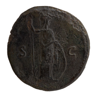 Sestertius; obv: Head of young Marcus Aurelius, bare, facing right; inscription LIVS CAE - SAR AVG