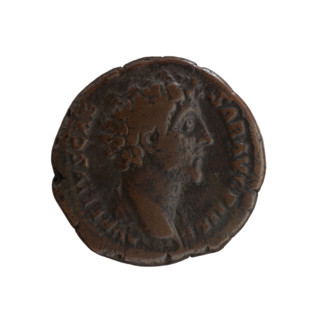 Dupondius depicting head of young Marcus Aurelius without a covering, with drapery on the left