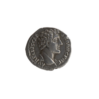 Denarius depicting a young head of Marcus Aurelius without a covering, with drapery on the left