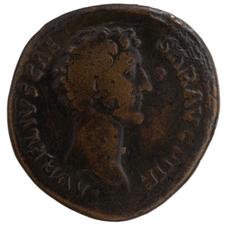 Sestertius, ca. 148–149 CE. Obverse: head of young Marcus Aurelius, bare, facing right; legend