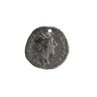 Denarius (with a hole), ca. 155–156. Obverse: Head of young Marcus Aurelius without a cap, facing