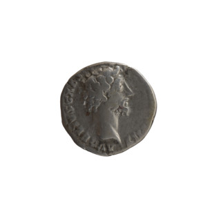 Denarius, ca. 155–156. Obverse: Head of young Marcus Aurelius without a cap to right, inscription