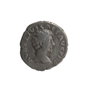 Denarius of Marcus Aurelius (121–180; Roman emperor 161–180), struck ca. 159–160. Obverse: Head of