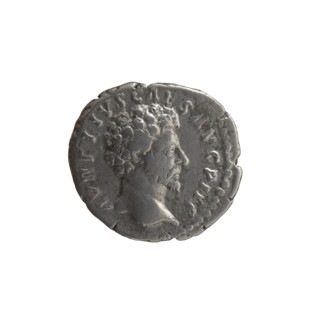 Denarius, Marcus Aurelius (121–180; Roman emperor 161–180), circa 159–160. Obverse: Head of Marcus