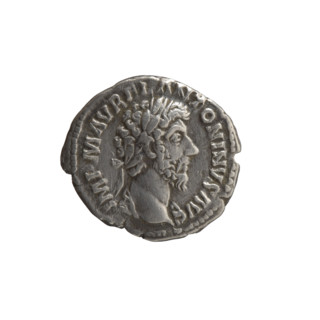 Denarius of Marcus Aurelius (121–180; Roman emperor 161–180), obverse: head of Marcus Aurelius with