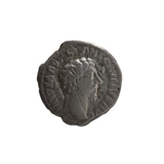 Denarius of Marcus Aurelius (121–180; Roman emperor 161–180). Obverse: head of Marcus Aurelius