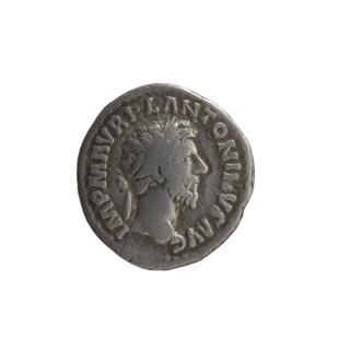 Denarius of Marcus Aurelius (121–180; Roman emperor 161–180). Obverse: Head of Marcus Aurelius with