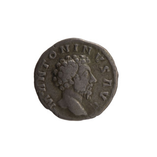 Denarius of Marcus Aurelius (121–180; Roman emperor 161–180). Obverse: head of Marcus Aurelius