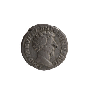 Denarius of Marcus Aurelius (121–180; Roman emperor 161–180). Obverse: Head of Marcus Aurelius