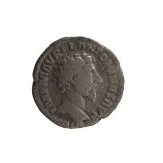 Denarius of Marcus Aurelius (121–180; Roman emperor 161–180). Obverse: Head of Marcus Aurelius