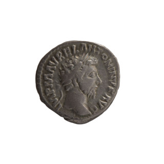 Denarius of Marcus Aurelius (121–180; Roman emperor 161–180). Obverse: Head of Marcus Aurelius with