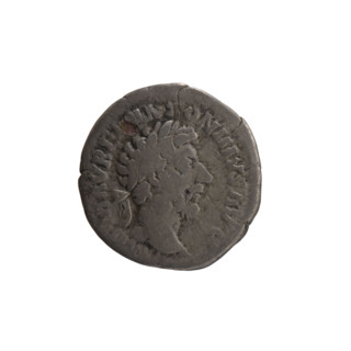 Denarius of Marcus Aurelius (121–180; Roman emperor 161–180). Obverse: Head of Marcus Aurelius with