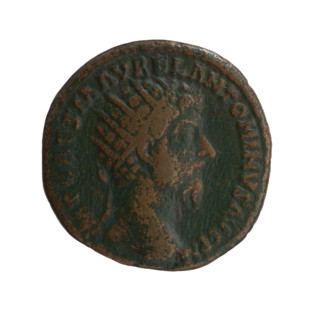 Dupondius, Marcus Aurelius (121–180; Roman emperor 161–180), issuer; obverse: head of Marcus