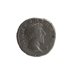 Denarius of Marcus Aurelius (121–180; Roman emperor 161–180). Obverse: head of Marcus Aurelius