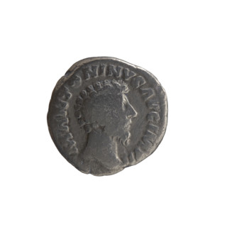 Denarius of Marcus Aurelius (121–180; Roman emperor 161–180). Obverse: Head of Marcus Aurelius