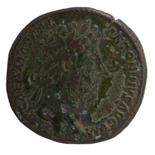 Sestertius, Marcus Aurelius (121–180; Roman emperor 161–180), issuer. Obverse: head of Marcus