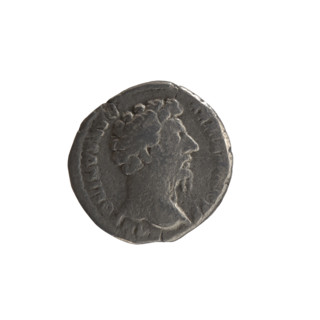 Denarius of Marcus Aurelius (121–180; Roman emperor 161–180). Obverse: head of Marcus Aurelius