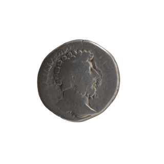 Denarius of Marcus Aurelius (121–180; Roman emperor 161–180). Obverse: Head of Marcus Aurelius
