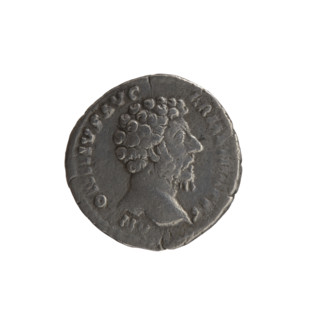 Denarius; issuer: Marcus Aurelius (121–180; Roman emperor 161–180). Obverse: Head of Marcus